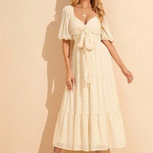 SHEIN Swiss Dot Tie Front Solid Beige Dress